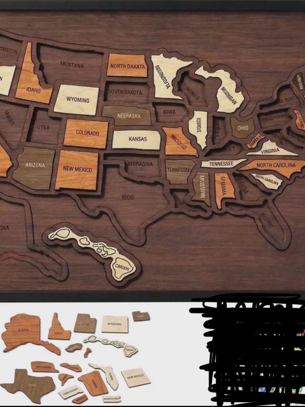 Wooden USA Travel Map Tracker – 50 States Puzzle Map,
